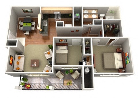 Floor plan for 2 beds, 1 bath, 970 sqft